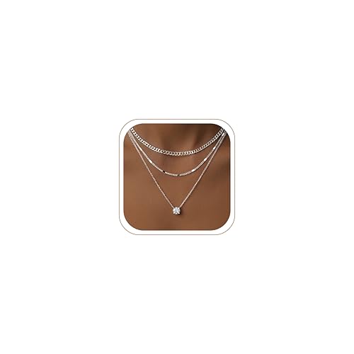 WomenGifts Layered Gold Necklaces for Women, 14K Gold Sterling Silver Plated Dainty Pendant Necklace Set Non Tarnish, Chunky Stackable Cuban Chain Choker, Trendy Birthstone Vacation Jewelry Gift - color: Silver, style: Cubic Zirconia