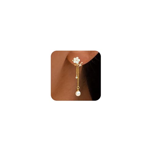 Pearl Earrings for Women, 14k Pearl Drop Dangle Earrings Gold Earrings for Women Trendy Cute Prom Bridal Earring Flower Long Earring Wedding Jewelry - color: style-4