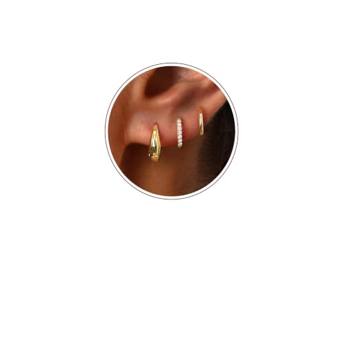 Poxtex Small Sterling Silver Huggie Hoop Earrings Set for Women, Hypoallergenic 14K Gold Plated Hoops Stacks for Multiple Piercings, Dainty Cute Mini Lightweight Cartilage Studs Trendy Jewelry Gift - color: Gold-moon hoop