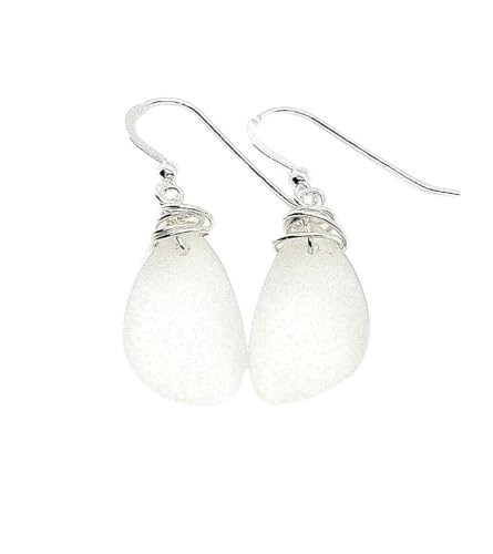 Popular Recycled Sea Glass Earrings on Sterling Silver Hooks - color: White 2