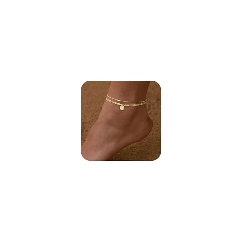 Initial Ankle Bracelets for Women 14K Gold Plated Dainty Layered Round Letter Anklets Beach Jewelry Gift - color: Gold-Y