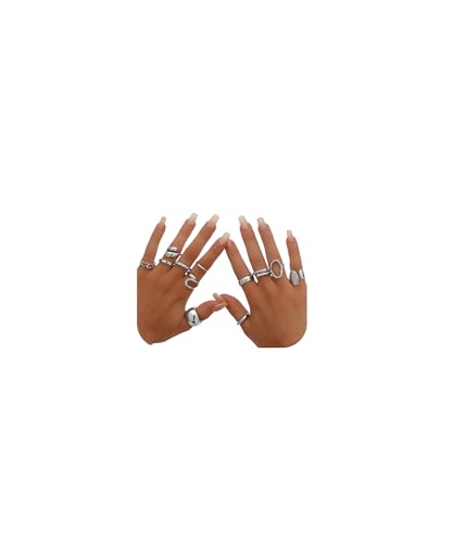 12Pcs Gold Chunky Rings 18K Gold Plated Stackable Open Knuckle Ring Set Hollow Heart Twist Croissant Dome Band Statement Finger Rings for Women Gold Silver Tone Adjustable - color: B-Sliver