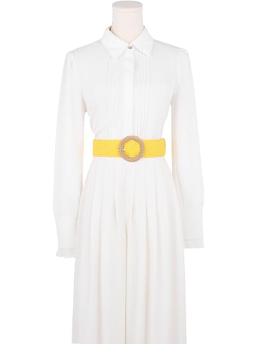 Women's Cotton and Linen Style Plastic Straw Braided Belt Circle Buckle for Dresses - color: Yellow