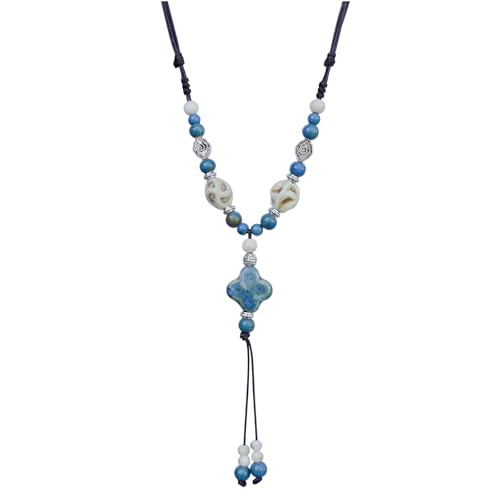 Boho Style Colorful Ceramic Bead Strand Necklace Adjustable Bohemian Jewelry Gift for Women, Fashion Clothing Matching Necklace - color: Speckled Teal