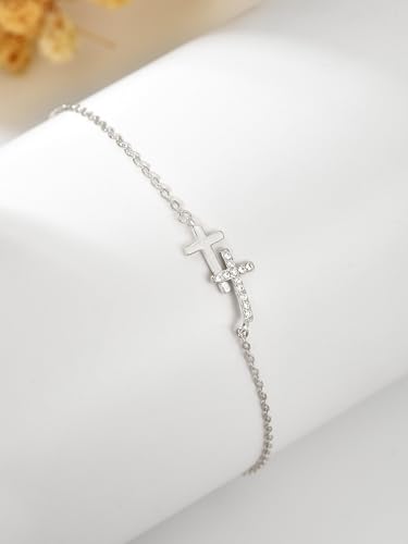 Double Cross Bracelet for Women 925 Sterling Silver Dainty 14K Gold Plated Cubic Zirconia Bracelet Faith Christian Bracelets Adjustable Chain Religious Christian Baptism Jewelry Gifts - color: Silver 2