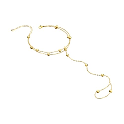 Moodear Gold Hand Chain Bracelet for Women - 14K Gold Plated/Sterling Silver Layered Adjustable Satellite Bead Paperclip Dot CZ Link Hand Chain Ring Bracelets Non Tarnish Trendy Jewelry Gift - style: bead hand chain-GD