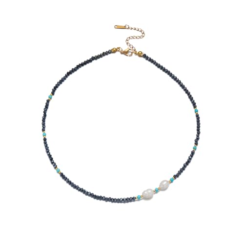 Turquoise Choker Necklace for Women, Western Crystal Bead & Pearl Necklace with Adjustable Chain Natural Stone Energy Jewelry, Boho Beaded Choker for Gifts - color: Turq Baroque Pearl