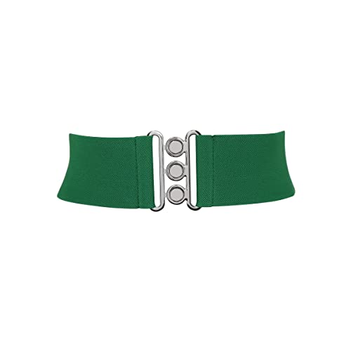 FASHIONGEN - Wide Waist Elasticated Woman Belt Made in France, GLORIA - color: Green (Silver Buckle), size: Large / waist size 32 to 34