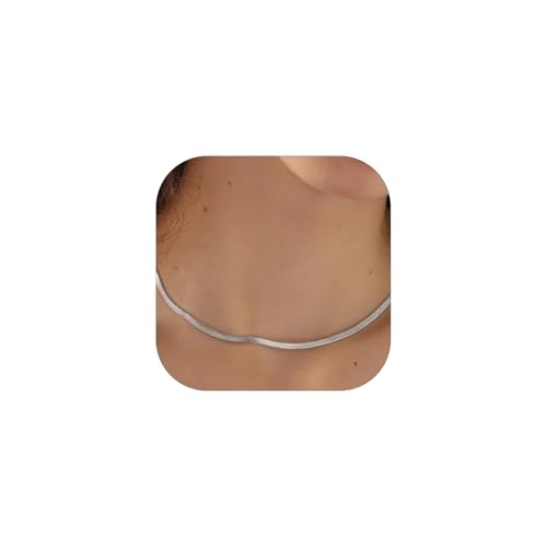 FOCALOOK 14K Gold Plated Necklaces for Women, Fashion Herringbone Choker Necklace Stainless Steel Flat Snake Chain 3/5MM(W) 12.5"/15"/18"+3.5"(L) - color: 3MM-Silver-15"