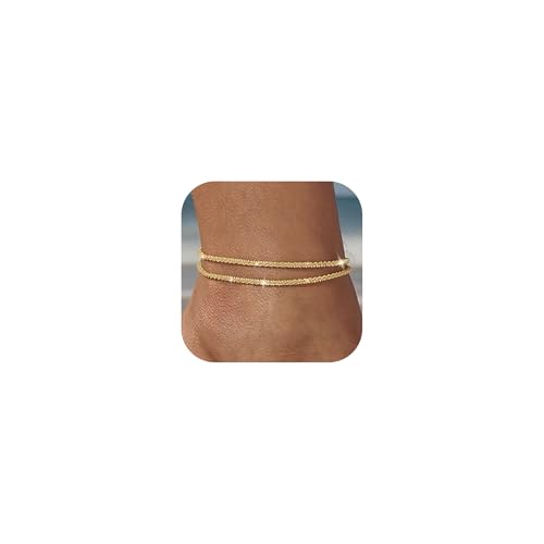 Tewiky Sterling Silver Plated Ankle Bracelets for Women,Dainty Layered Waterproof Anklet for Women Adjustable Sparkly Herringbone Beaded Rope Chain Set Stackable Cute Summer Beach Jewelry Gift - color: gold1
