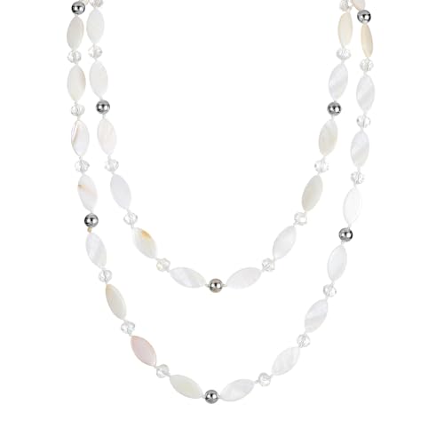 Long 48" Beaded Necklace for Women Boho Knot Strand Chunky Shell Crystal Beads Fashion Costume Jewelry for Gifts - color: White