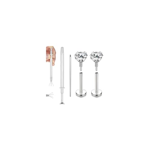 20G Internal Thread Cartilage Earrings Studs Surgical Steel Nose Rings Flat Back Stud Piercing Jewelry for Tragus/Helix/Conch/Medusa/Lip/Labret - color: BL:8mm;CZ:4mm