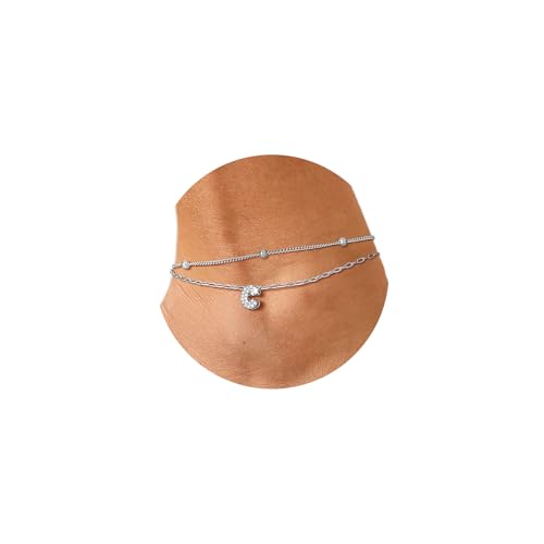 FindChic Silver/14K Gold Plated Layered CZ Initial Ankle Bracelet for Women | Waterproof Stainless Steel, Cubic Zirconia Letter Charm, Non-Tarnish, Hypoallergenic, Adjustable Extender, Summer Jewelry - color: Silver, size: C