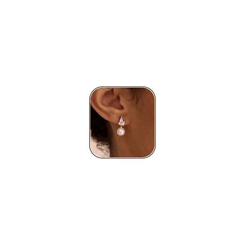 Pearl Earrings for Women, Dainty Wedding Bridal Earrings 14k Gold Plated CZ Pearl Drop Earrings for Women Trendy Hypoallergenic Unique Gold Drop Earrings Fashion Prom Jewelry - color: Gold-C