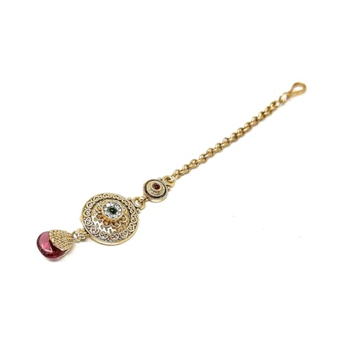 Duel On Jewel Indian Ethnic Jewelry Bundle for Women, Gold Plated Bell Anklet Payal Set with Teardrop Charms and Traditional Maang Tikka Headpiece, Bridal Festive Boho Wedding Dance Accessories