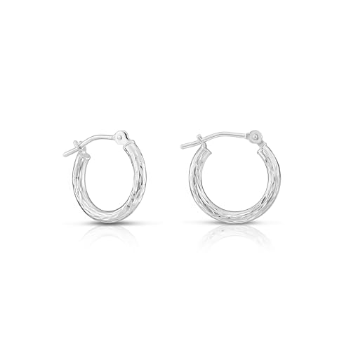 10K White Gold Hand Engraved Full Diamond-cut Round Hoop Earrings, Secure Latch Back Closure - style: 14mm
