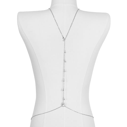 Rhinestone Back Chain Necklace for Women Bridal Wedding Sexy Rhinestone Backdrop Chain Waist Belly Chains Trendy Body Chains Jewelry - style: Silver