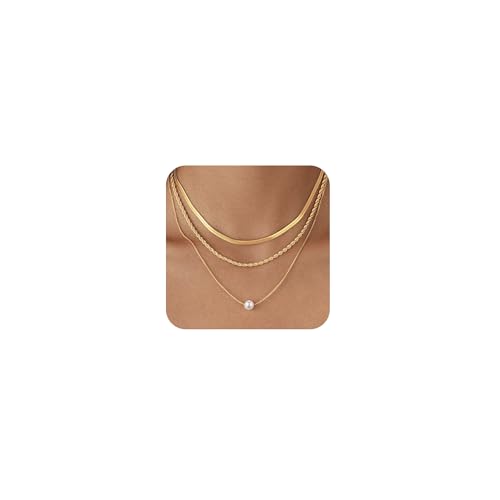 Layered Gold Necklace for Women Trendy 14K Gold Plated Heart CZ Pendant Layered Gold Necklaces Set Coin Choker Necklaces Simple Circle Cubic Zirconia Pearl Necklace Stack Herringbone Paperclip Chain Jewelry Set - style: 3PCS-Snake chain + Pearl-GD