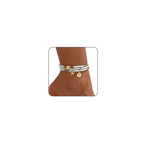 Ankle Bracelets for Women Waterproof Beach Jewelry for Women Elastic Beaded Anklets Boho Seashell Pearl Starfish Anklets for Women Foot Jewelry - style: 2 - 3 layer coin shell starfish