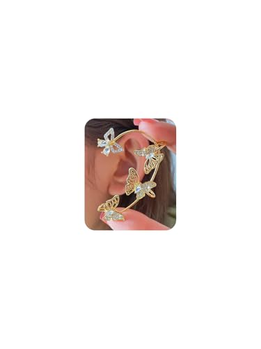 2Pcs Rhinestone Butterfly Earrings Ear Cuffs Non-Pierced Fake Earrings Butterfly Climber Wrap Around Earring Dainty Adjustable Ear Clip Jewelry for Women - color: Style7-gold