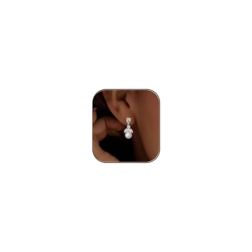 Pearl Earrings for Women, Dainty Wedding Bridal Earrings 14k Gold Plated CZ Pearl Drop Earrings for Women Trendy Hypoallergenic Unique Gold Drop Earrings Fashion Prom Jewelry - color: Silver-E