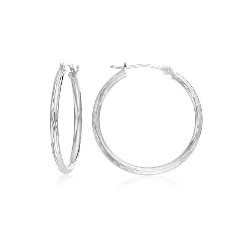 10K White Gold Hand Engraved Full Diamond-cut Round Hoop Earrings, Secure Latch Back Closure - style: 20mm