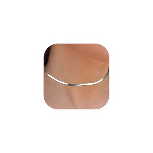 FOCALOOK 14K Gold Plated Necklaces for Women, Fashion Herringbone Choker Necklace Stainless Steel Flat Snake Chain 3/5MM(W) 12.5"/15"/18"+3.5"(L) - color: 3MM-Silver-12.5"