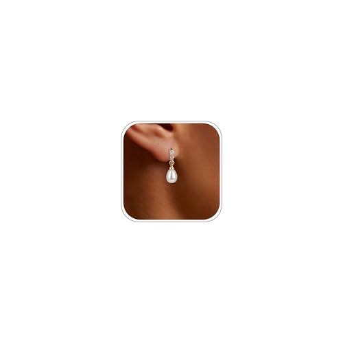Pearl Earrings for Women, 14k Gold Plated Trendy Diamond Pearl Drop Earrings Hypoallergenic Dainty Bridal Gifts Wedding jewelry for Women - color: A - Gold