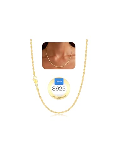 Jewlpire 1.5mm Rope Chain 925 Sterling Silver Chain Necklace for Women, 14K Gold Plated Chains for Women Dainty & Sturdy Women's Chains Necklace 16 18 20 22 24 26 Inch - color: 14K Gold Plated, size: 16 Inch