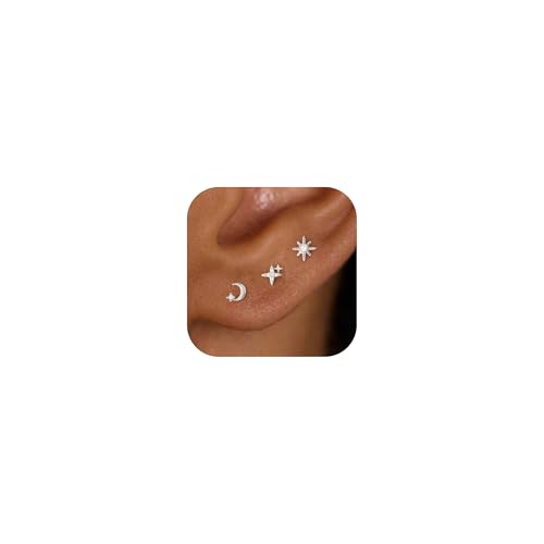 3 Pair Tiny Flat Back Earrings for Women - 14K Gold/White Gold Plated Dainty Cute Small Screw Flatback Stud Earring, Everyday Wear Gift - color: Star&Moon Flat-5/6/7mm Silver