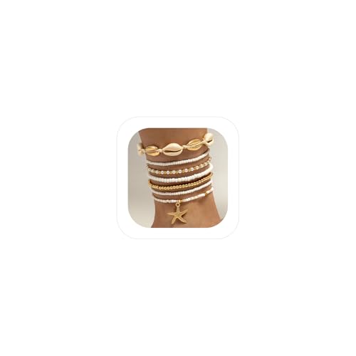 Shell Anklets Bracelet for Women Waterproof Surfer Starfish Bracelet Puka Shell Anklet Colorful Boho Stack Stretch Bead Bracelet Set Hawaii Summer Beach Vacation Foot Jewelry - color: Gold