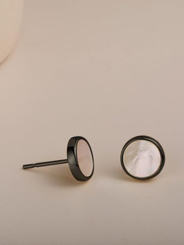 S.Leaf Gold Stud Earrings for Women Sterling Silver Gold plated Hypoallergenic Shell Mother of Pearl Post Earrings for Women Birthday Gifts - color: A05_Shell_7mm_Black