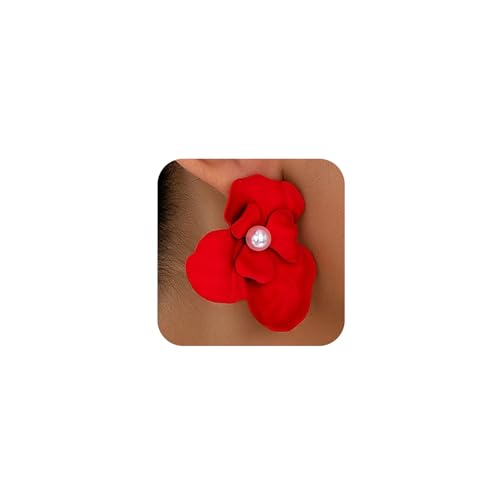 Chunky Large Gold Flower Stud Earring for Women Statement, Boho Big Red Irregular Floral Pearl Earrings Trendy Y2K Prom Party Jewelry Accessories Gift - color: Red