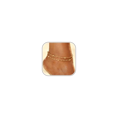 LOYALLOOK Ankle Bracelets for Women Waterproof, 14K Gold Plated Cuban Figaro Link Chain Beaded Anklets Set, Dainty Layered Anklets for Women Non Tarnish Summer Beach Foot Jewelry Adjustable Size - color: Double layered-14K Gold