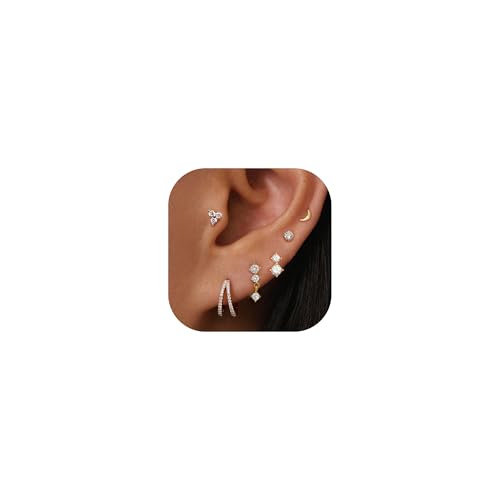 6 Pairs 14K Gold Plated Stud Earrings for Women, Hypoallergenic Cartilage Earrings for Multiple Piercing, Dainty Small Stackable Earrings Set for Jewelry Gift - color: Gold C
