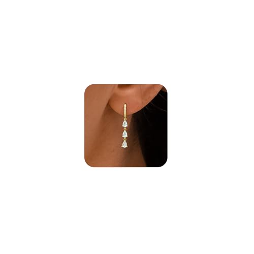Gold Earrings for Women Trendy, Simple Dainty 14K Gold Plated Paperclip Square Chain Link Dangle Hoops Earrings Pin Stud Huggie Earrings Lightweight Hypoallergenic Minimalist Aesthetic Gold Jewelry for Christmas Gifts - color: cz hoop dangle-gold