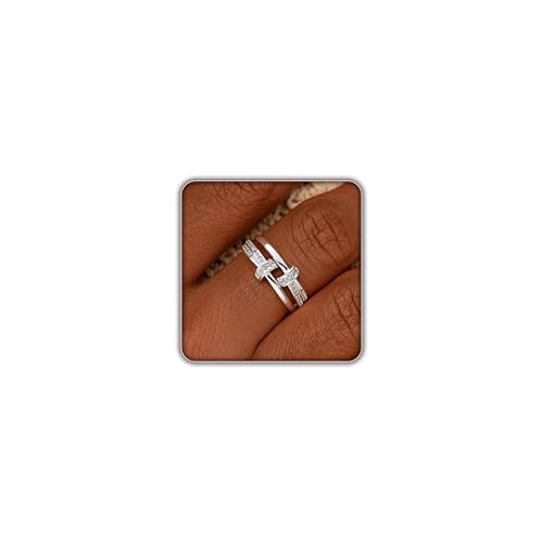 FISSEN JEWELRY Gold Rings for Women, Non Tarnish Dainty 14k Gold Plated Silver CZ Cross Ring Cute Cubic Zirconia Pinky Thumb Stackable Band Silver Finger Rings Size 6-10 Jewelry for Her - color: Silver Diamond Circle