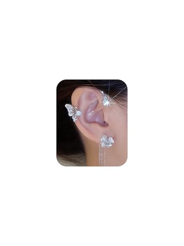 2Pcs Rhinestone Butterfly Earrings Ear Cuffs Non-Pierced Fake Earrings Butterfly Climber Wrap Around Earring Dainty Adjustable Ear Clip Jewelry for Women - color: Style2-silver
