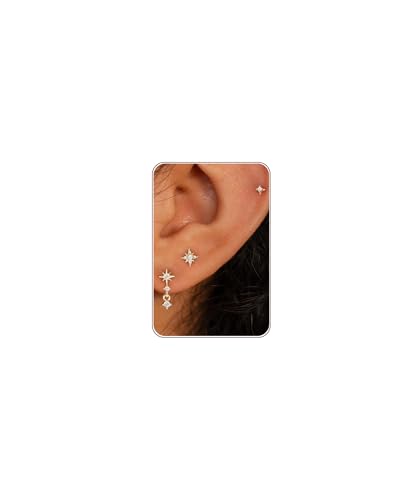 3 Pairs Small Earring Stacks, 14K Gold/Silver/Black/Rose Gold Plated Pearl Heart Butterfly Star Diamond Charm Drop Huggie Earrings Trendy Jewelry Gift for Women - color: Gold-North Star