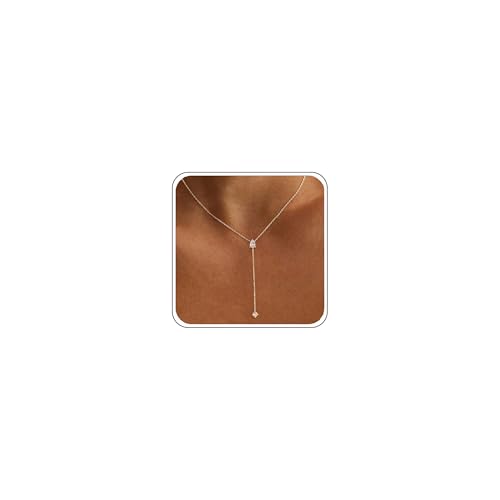 Gold Necklace for Women - Dainty Long Lariat Necklace 14K Gold Plated Clover Star Teardrop CZ Y Shaped Drop Necklaces Cute Long Necklaces for Women Trendy Prom Formal Womens Jewelry - color: Silver-LX Drop