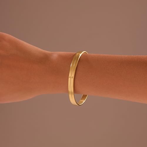 BE & CHEERY Gold Bangle Bracelet for Women, 14k Gold Plated Open Bangle, Stackable Stainless Steel Cuff Bracelets, Chunky Fashion Jewelry for Women, Trendy Elegant Design Bangle as Gifts - style: Cross