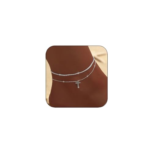 Ankle Bracelets for Women Gold Silver Layered Glitter Anklet for Women Waterproof Beach Cross Anklet Set Dainty Summer Foot Jewelry - color: Chunky Silver Layered Cross Anklet