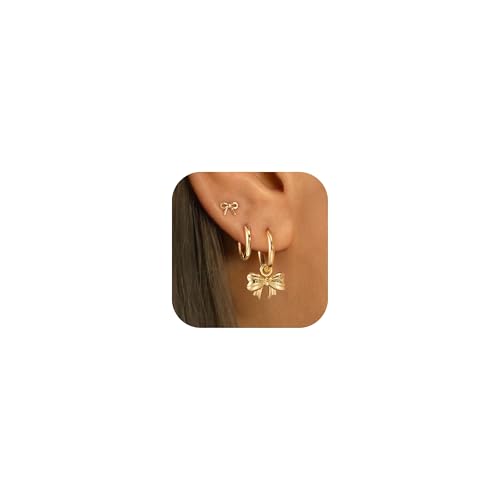 3 Pairs Small Earring Stacks, 14K Gold/Silver/Black/Rose Gold Plated Pearl Heart Butterfly Star Diamond Charm Drop Huggie Earrings Trendy Jewelry Gift for Women - color: Gold-Bow