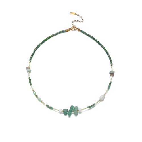 Turquoise Choker Necklace for Women, Western Crystal Bead & Pearl Necklace with Adjustable Chain Natural Stone Energy Jewelry, Boho Beaded Choker for Gifts - color: Green Aventurine