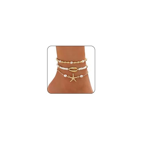 Ankle Bracelets for Women Waterproof Beach Jewelry for Women Elastic Beaded Anklets Boho Seashell Pearl Starfish Anklets for Women Foot Jewelry - style: 5 - 3 layer starfish shell bead