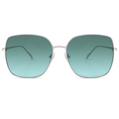 SOJOS Trendy Oversized Square Metal Frame Sunglasses for Women Men Retro Big Flat Lens UV Protection Sunglasses SJ1146 - color: Silver/Gradient Bluish-green