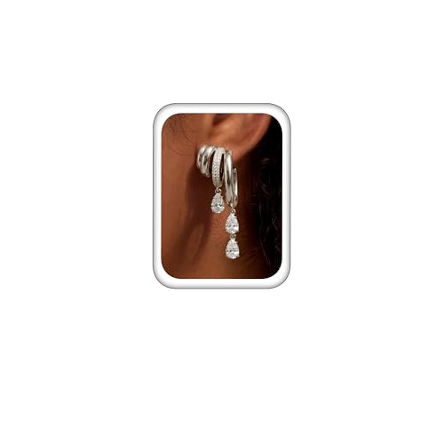 Triple Huggie Stacked Earrings for Women Gold Chain Drop Dangle Earrings Cute Statement CZ Earrings Trendy Dainty Jewelry Gift - color: Silver 1