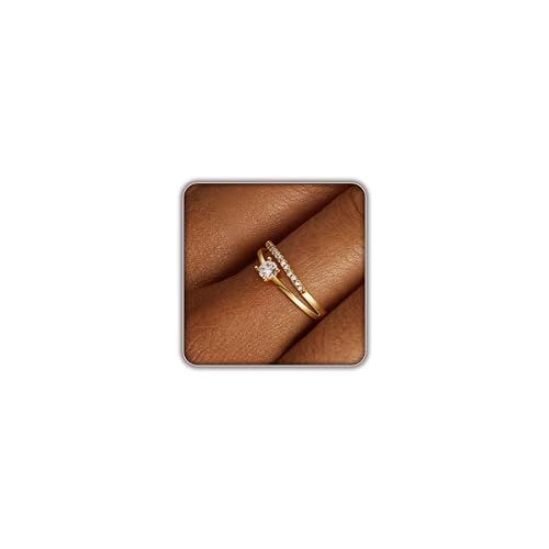 FISSEN JEWELRY Gold Rings for Women, Non Tarnish Dainty 14k Gold Plated Silver CZ Cross Ring Cute Cubic Zirconia Pinky Thumb Stackable Band Silver Finger Rings Size 6-10 Jewelry for Her - color: Gold Diamond Square