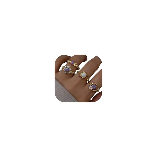 Gold Rings for Women Non Tarnish Stackable Rhinestone Moon Star Rings Dainty Stacking Pearl Butterfly Midi Pinky Thumb Joint Finger Knuckle Ring Set Gold Non Tarnish Jewelry Gifts Trendy Stuff - color: U Gold Moon Sun Rings 4Pcs