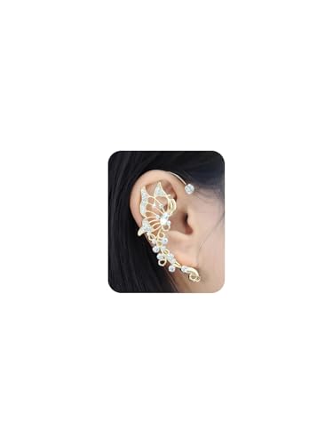 2Pcs Rhinestone Butterfly Earrings Ear Cuffs Non-Pierced Fake Earrings Butterfly Climber Wrap Around Earring Dainty Adjustable Ear Clip Jewelry for Women - color: Style4-gold